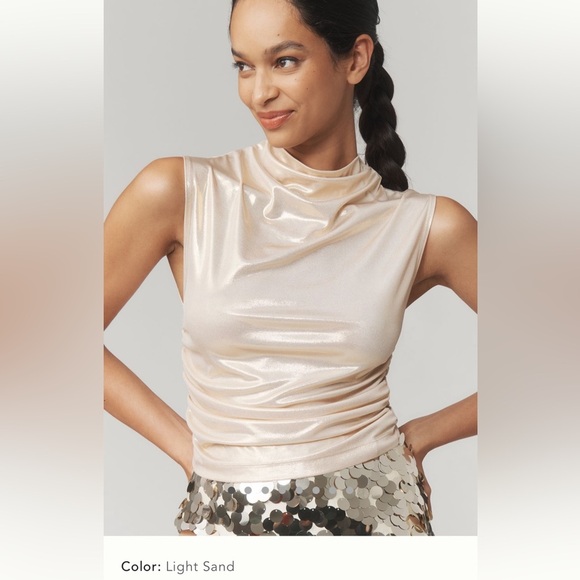NWT new medium Anthropologie Maeve shiny metallic top sand beige ruched tank - Picture 1 of 13